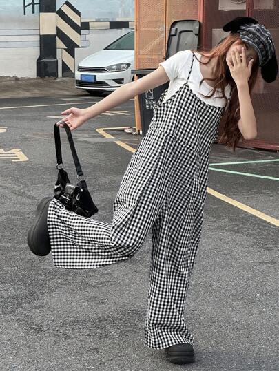 DAZY 青少年女孩格纹宽腿宽松休闲连体裤，女孩夏季服装，返校服装