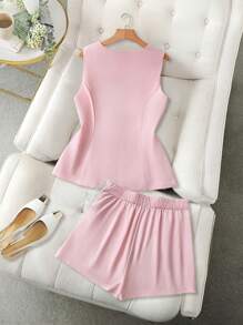 GlowEve CURVE 2 件女式纯色梭织修身无袖上衣 + A 字裙套装，优雅夏日装 - 粉色 - 查看 2