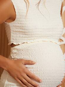 Loomaby 2件套孕妇荷叶边吊带背心和可调节腰部修身迷你裙套装 - 杏色 - 查看 5