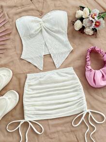 Soleia Conjunto de 2 piezas, top tubo asimétrico con textura en unicolor y falda con elástico en la cintura para vacaciones de verano de mujer - Conjunto blanco de dos piezas, atuendo de verano blanco - Blanco - Ver 3