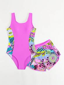 Teen Girls One-Piece Swimsuit, Purple Graffiti Letter Print Side Splice Two Pieces Sports Tankini Set, Fashionable Casual Elegant Suitable For Swimming, Vacation, Summer (Print Random) Young Girls Sets One Piece Swim Suit For Girls Swimming Suits For Teens Girls Swimming Suits For Girls Bathing Suit For Tweens - Purple - View 5