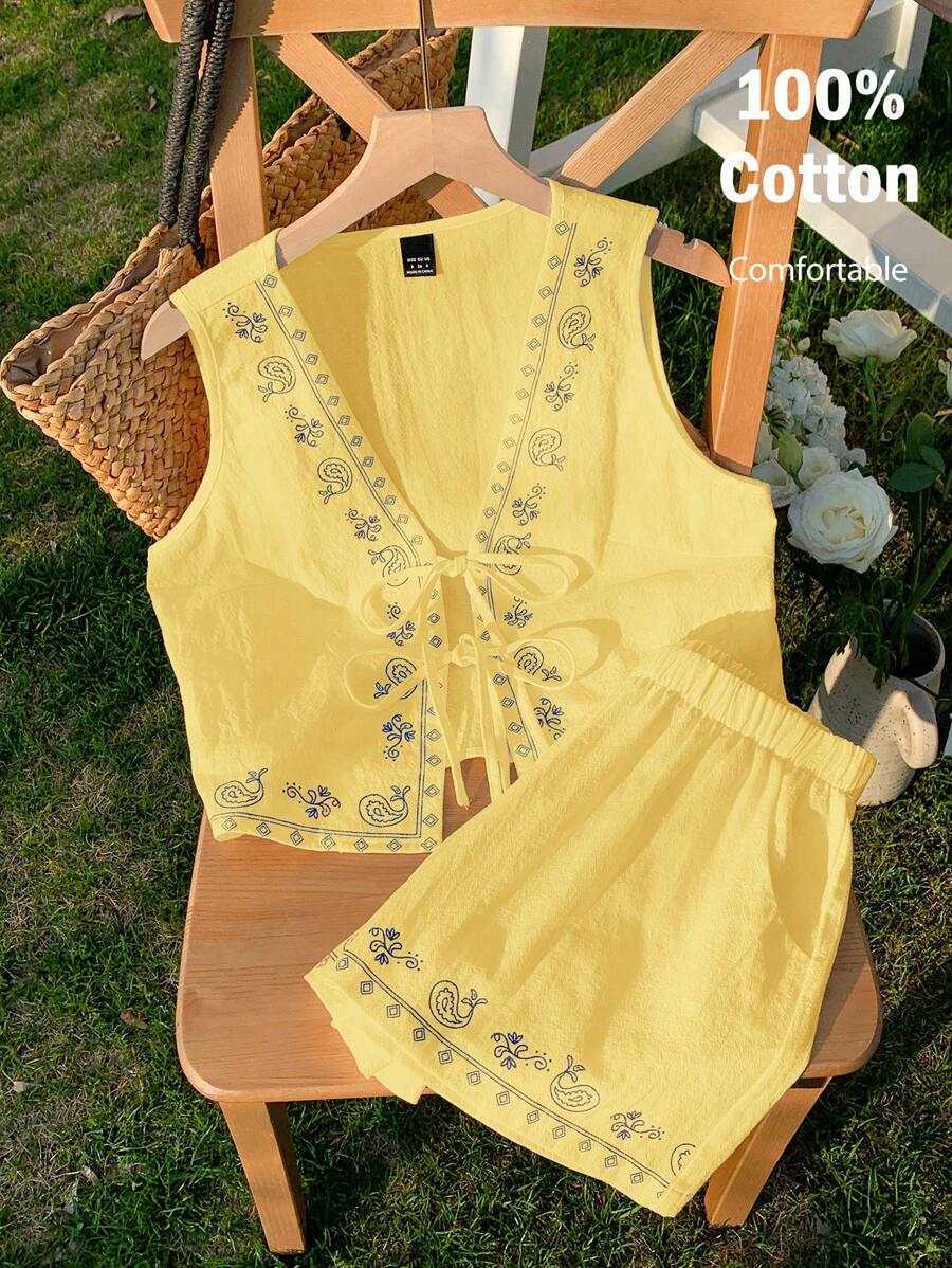 Comfortcana Conjunto de 2 piezas estampado floral amarillo canario de estilo bohemio tejido, para verano - Amarillo - Ver 1