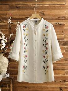 Lacomfia Plus Size Floral Embroidery Front Button Elegant Fashion Roll Up Sleeve Blouse