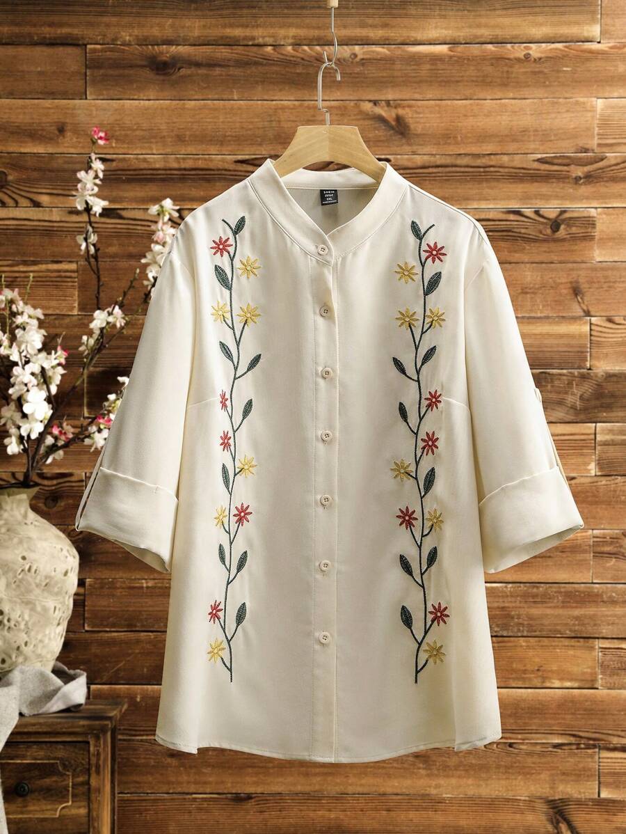 Lacomfia Plus Size Floral Embroidery Front Button Elegant Fashion Roll Up Sleeve Blouse