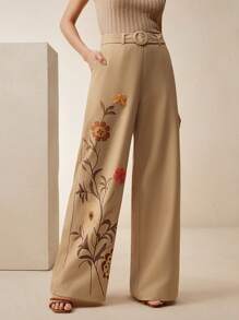 Anewsta Pantalon évasé avec ceinture à boucle et détail d'appliqués à impression florale