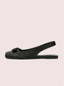 CUCCOO DOLLMOD 女士缎面蝴蝶结绑带方头平底芭蕾鞋，黑色