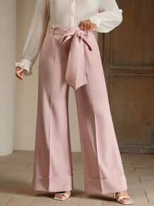 Anewsta Pantalones largos casuales y holgados con decoración de la cintura para mujer de talla grande - Rosa - Ver 1