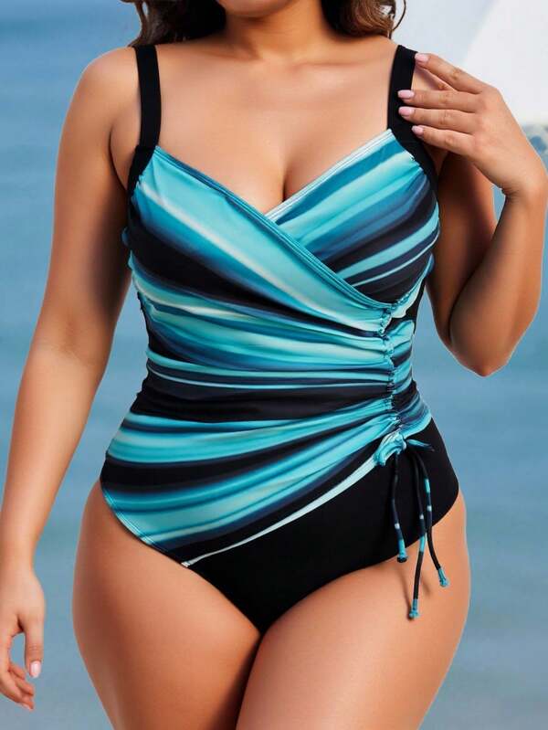 Swim Lushoire Traje de baño de una pieza de talla grande para mujer con estampado de rayas, tirantes finos y cintura con cordón para vacaciones