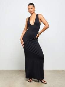 AiiRZ Plunge Neck Summer Maxi Dress Form Fitting Floor Length Evening Gown Party Cocktail Long Dress Sleeveless Bodycon Formal Dress