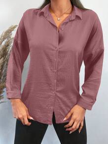 Cottnline Solid Button Front Shirt - Pink - View 5