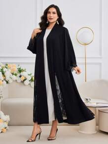 Al Najma Plus Size Women Elegant Solid Color Contrast Lace Flare Sleeve Arabic Abaya - Black - View 3