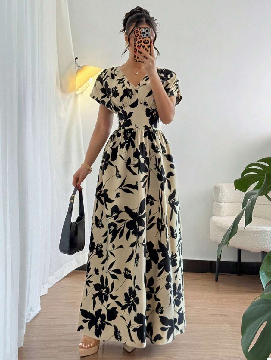 Elenzga Robe longue à encolure en V, taille cintrée, imprimé floral valorisant pour les femmes, printemps/été. Élégante pour les saisons printemps/été/automne/hiver. Vêtements pour femmes pour les concerts, élégants, robes de soirée. Convient pour le quotidien, les trajets, les saisons de mariage/festivals de musique. - Tabac - Voir 1