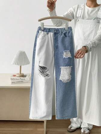 Tween Girl Y2K Streetwear Cool Cute Contrast Patchwork Loose Straight Leg Jeans With Elastic Waistband & Classic 5 Pockets, Button Closure, Distressed Detailing, Essential Spring/Summer Denim For Girls