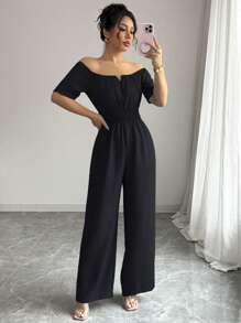 Elenzga 女式夏季新款露肩V领收腰黑色连体裤