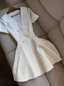 Franclia Women's Elegant White Cross-Wrap Double-Breasted Short Sleeve Cinched Waist Mini Dress, Summer