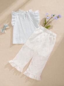 SHEIN 2 piezas Conjunto de niña bebé con top a rayas con volantes retro y pantalones largos con estampado floral calado, conjunto de ropa diaria linda, ropa de verano para niñas pequeñas, conjuntos de ropa para niñas pequeñas, conjuntos de ropa de verano para niñas - Multicolor - Ver 4