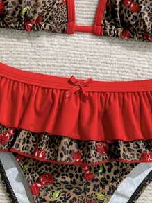 Soleia Bikini 2 mảnh họa tiết da báo và quả anh đào chắp vá màu đỏ buộc dây hai lớp trang trí nơ xếp nếp cho kỳ nghỉ dành cho nữ - Nhiều màu - Xem 3