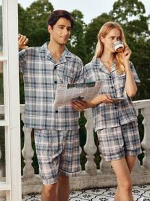 SHEIN EverLounge 1 Set de pijama de camisa de manga corta con cuello de solapa y pantalones cortos con estampado de cuadros para hombres