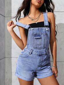 SHEIN EZwear 女士牛仔背带裤连体裤，时尚，适合夏季 - 淺色水洗藍 - 查看 2