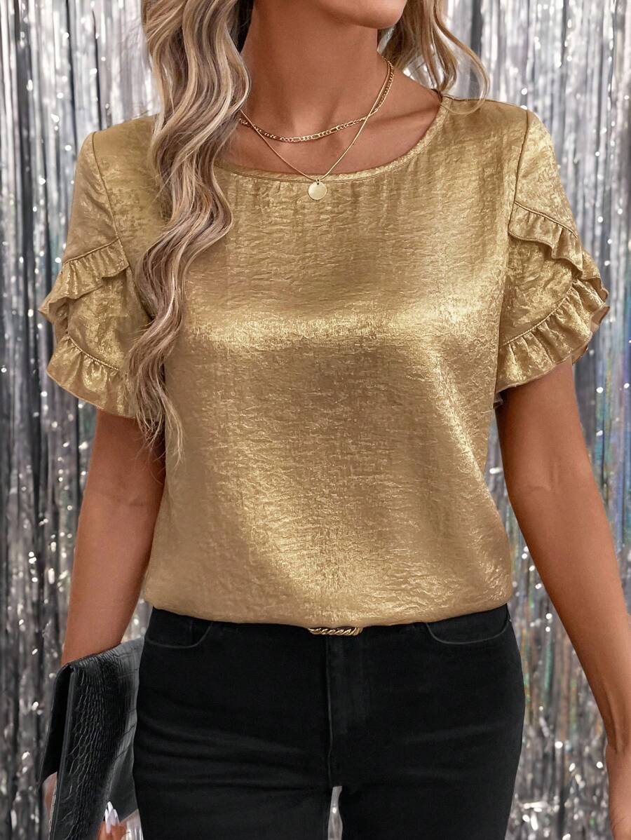 SHEIN Clasi 女士箔片荷叶边短袖衬衫，情人节节日春季款 - 金色 - 查看 1