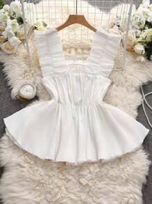 SHEIN Clasi 加大码方领褶腰荷叶边下摆无袖衬衫 - 白色 - 查看 2