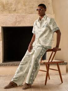 Anewsta Men's Casual Retro Cashew Flower Print Wide Leg Pants