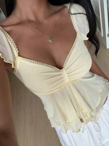 SHEIN EZwear 女式夏季胸前荷叶边网眼喇叭袖T恤 - 黃色 - 查看 4