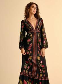 CAJUNI 女式波西米亚复古热带花卉印花泡泡长袖 V 领超长连衣裙，黑色 - 彩色 - 查看 5