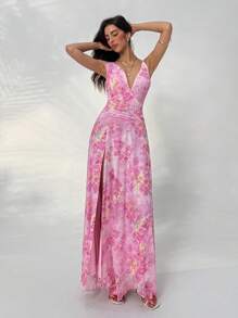Aloruh Women's Floral Print Elegant Sleeveless Dress - Pink - View 3