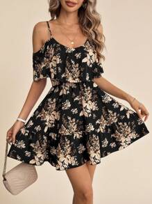 Amorya Women's Romantic Floral & Plant Print Off Shoulder Ruffle Hem Strap Summer Holiday Dress,Summer Dresses For Women