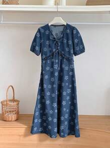 DAZY 女式V领休闲韩版甜美中长牛仔连衣裙夏季女装 - 藍色 - 查看 3