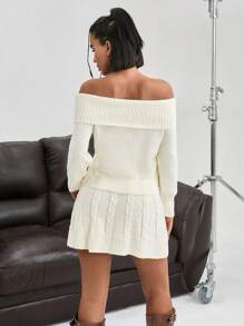 EURMUSE 1 Set Off-Shoulder Elastic Bodycon Sweater And Patterned Beanie & Mini Skirt, Casual 2 Pieces Set,Petite,Winter Clothes - White - View 2
