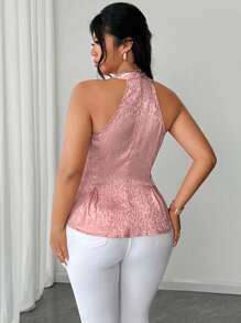 SHEIN Unity 优雅无袖荷叶边下摆束腰衬衫，适合休闲通勤和日常外出，加大码 - 粉色 - 查看 3