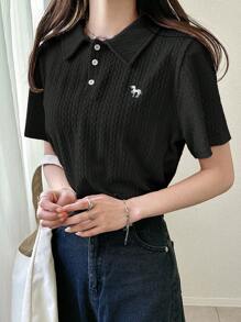 FRIFUL 女士杏色基础款 Polo 领刺绣 T 恤，翻领短袖夏季服装 - 黑色 - 查看 5