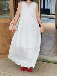 FRIFUL فستان نسائي بأكمام بلا أكمام مع ربطة عنق، مطرز، خصر ضيق، فستان طويل متدفق، ملابس شاطئية للسيدات