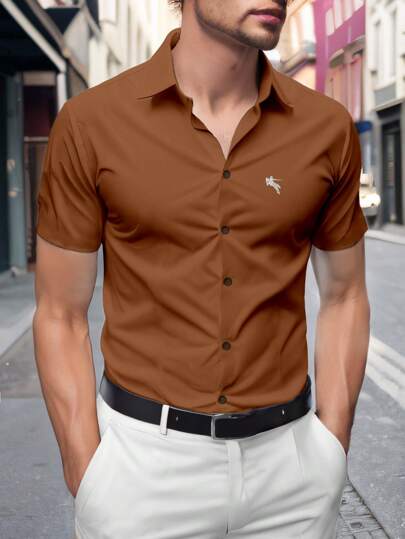 Manfinity Mode Men's Summer Casual Embroidered Short Sleeve Shirt Brown Shirts For Men Rust Color Men Shirt Men Short Sleeve Dress Shirts Apricot Shirt For Men Coffee Shirt Men