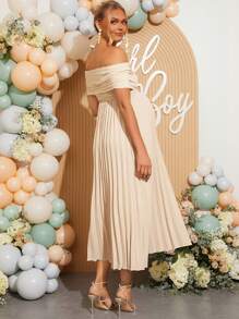 Loomaby Pregnant Women Solid Color Off Shoulder Pleated Elegant Short Sleeve Dress,Gender Reveal Dress,Maternity Dress,Baby Shower Dress - Khaki - View 2