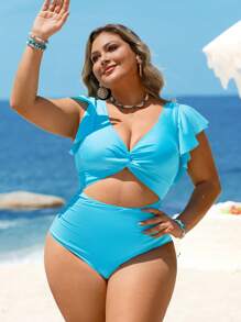 SHEIN Swim Curve 大码女式夏季纯色面料扭纹前交叉设计荷叶边褶皱遮肚露背连体泳衣 - 彩色 - 查看 3