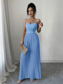 Elenzga Women's Fashionable Summer Strap Pleated Jumpsuit - Baby Blue - View 3