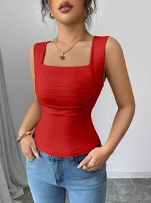 Selianne Camiseta sin mangas de cuello cuadrado casual roja para mujer - Rojo - Ver 6