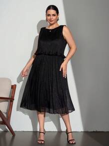Chikora Vestido de trabajo elegante con pliegues de unicolor para mujer de talla grande, atuendos de maestra para mujer, atuendos de maestra de talla grande, atuendos de maestra, casual de negocios para mujer, atuendos de oficina para mujer, ropa de trabajo para mujer, atuendos de trabajo para mujer, ropa de oficina para mujer, vestimenta de oficina para mujer, casual de negocios para mujer, ropa de oficina, falda plisada - Negro - Ver 1