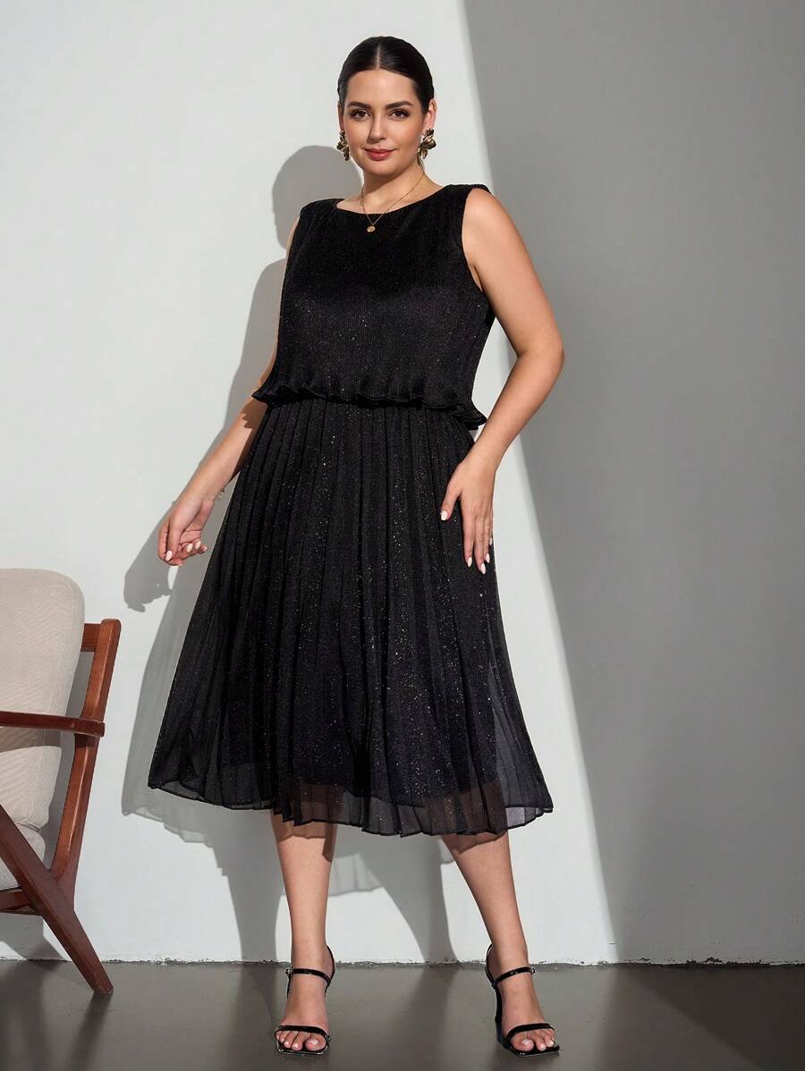 Chikora Vestido de trabajo elegante con pliegues de unicolor para mujer de talla grande, atuendos de maestra para mujer, atuendos de maestra de talla grande, atuendos de maestra, casual de negocios para mujer, atuendos de oficina para mujer, ropa de trabajo para mujer, atuendos de trabajo para mujer, ropa de oficina para mujer, vestimenta de oficina para mujer, casual de negocios para mujer, ropa de oficina, falda plisada - Negro - Ver 1