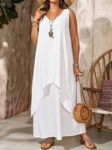 EMERY ROSE 加大码女式夏季度假 V 领无袖二合一长款白色连衣裙，夏季假日，女士度假装，简约时尚，适合日常穿着，度假氛围，春假，休闲装 SS，波西米亚，飘逸连衣裙 - 白色 - 查看 6