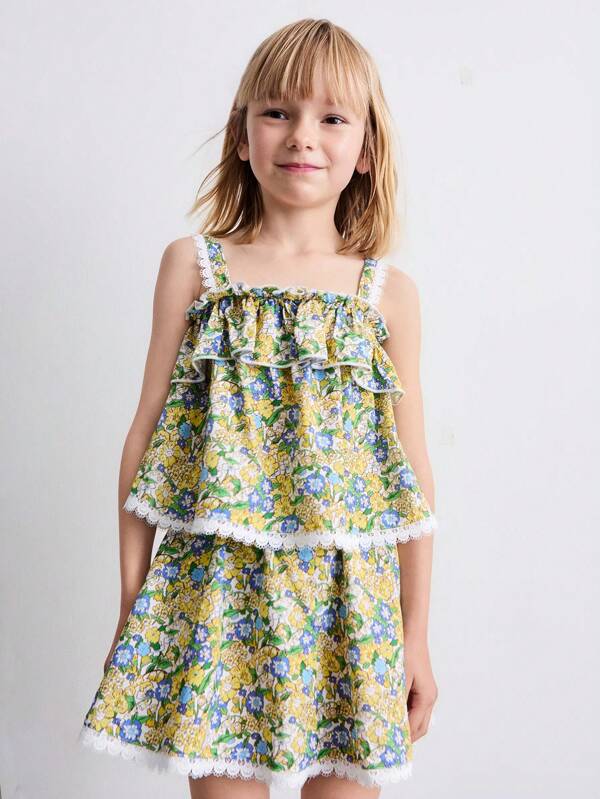 THE HAPPY LOOK Young Girl Summer Lace Floral Print Cami Top And Mini Skirt Set