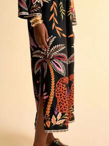 CAJUNI Women Boho Tropical Leopard & Plant Print Hollow-Out Back Waist Long Sleeve Dress For Vacation - Black - View 5