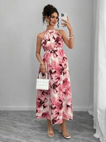 Momance Maternity Dress With Digital Printing, Shirred & Waistline Design - Watermelon Pink - View 4