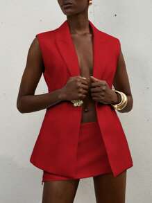 Aveloria Modichic Notched Collar Shoulder Pad Long Waistcoat Jacket With Fake Pockets, Slim Fit - Red - View 6