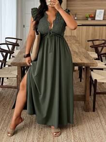 Weeklong Plus Size Casual Solid Color Deep V-Neck Drawstring Cap Sleeve Dress - Army Green - View 3