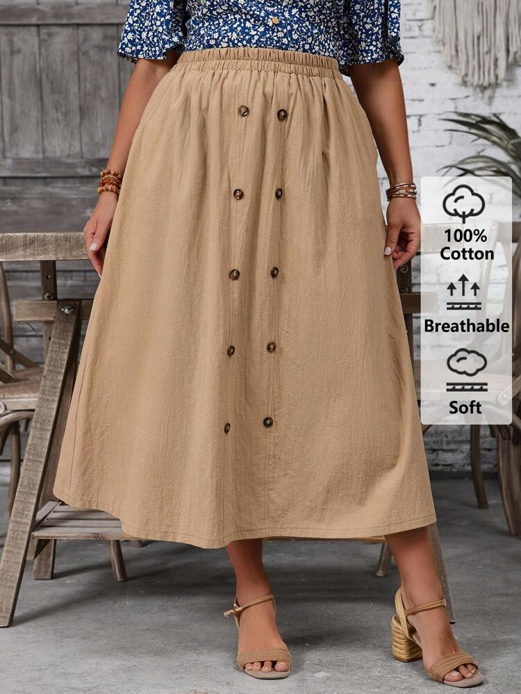 Plus Size Women Khaki Country Casual  Vacation Button Mid-Length A-Line Skirt With Pockets,Comfortable And Breathable,Gifts For Mother,Summer Holiday,Vacation Outfits Women,Simple And Fashionable For Everyday Wear,Vacay Vibes,Springbreak,Casual Wear SS,Bohemia