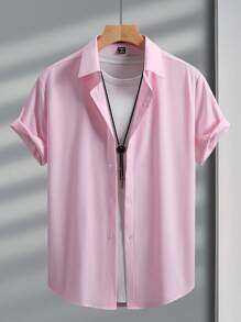 Manfinity Mode 男士纯色单排扣休闲办公室短袖衬衫，夏季 - 粉色 - 查看 3